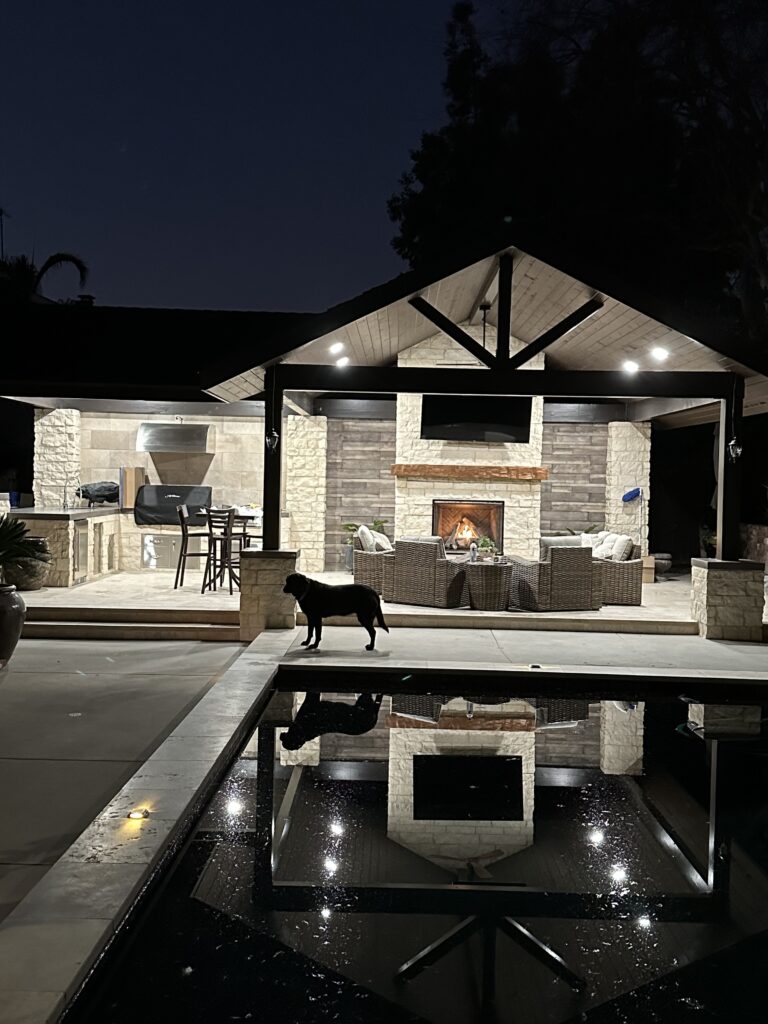 outdoor living space, patio cover, pool